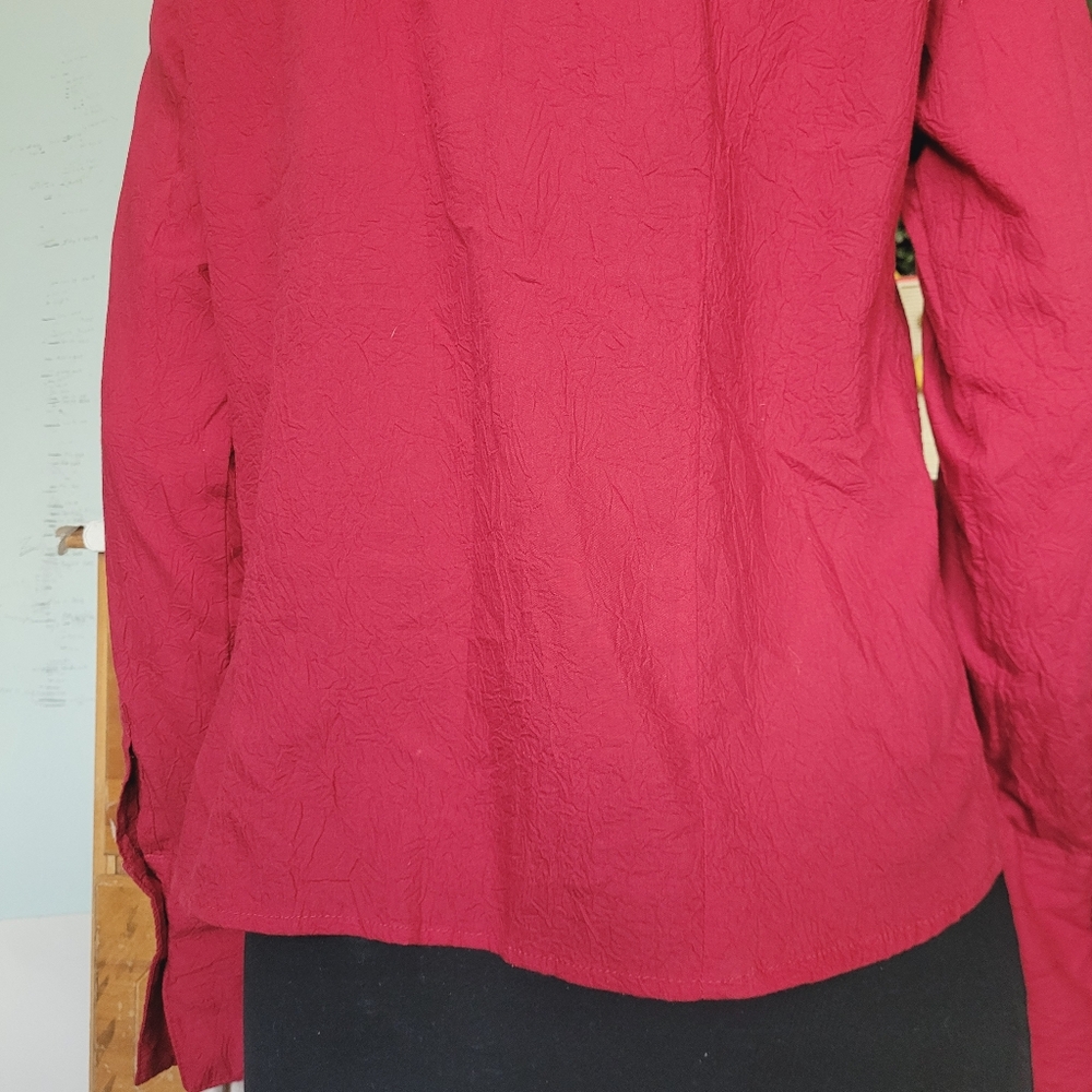 90s Y2K Point Zero Floral Applique Beaded Blouse Red Crinkle Large - Picture 12 of 14